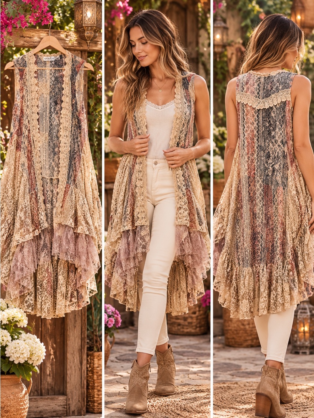 Origami Lace-Trim Multi-Stripe Sleeveless Duster Vest - Taupe Blush